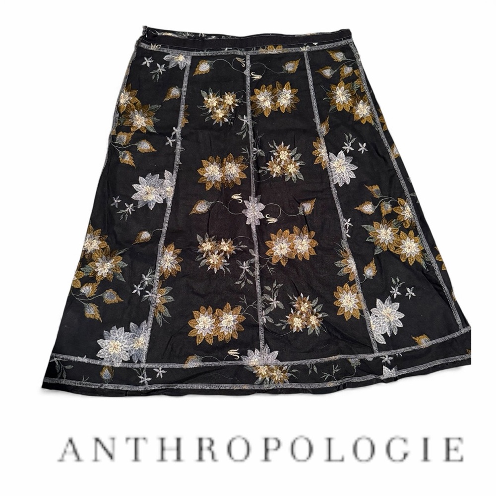Anthropologie Neesh by DAR 🪡 embroidered floral skirt black gold silver